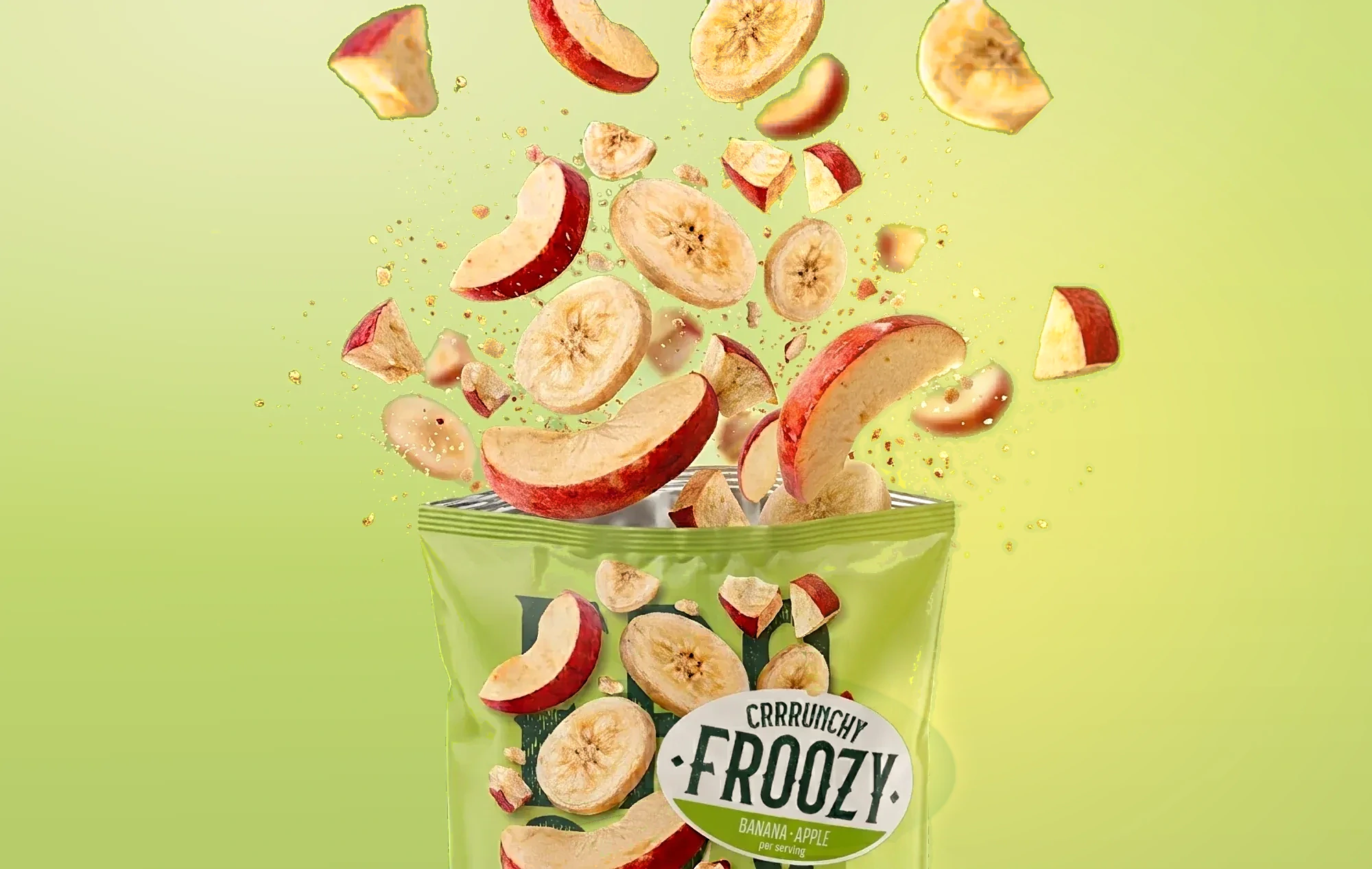 Zak Froozy Banana · Apple met gevriesdroogd fruit dat uit de zak springt