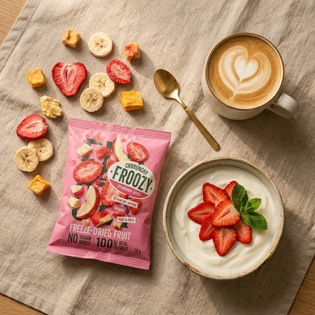 Bovenaanzicht van een zakje Froozy op linnen met losse stukjes gevriesdroogd fruit, een gouden lepeltje, een latte en een kommetje yoghurt met aardbei en munt