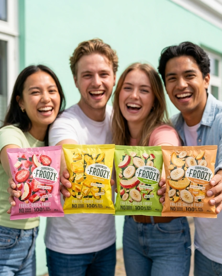 Vier jonge mensen lachend naast elkaar, elk met een zakje Froozy in de hand: Strawberry Apple, Mango Pineapple, Banana Apple en Banana Peach